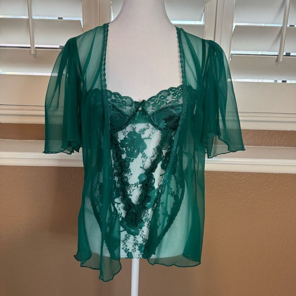 Andrea Kristoff Vintage Size S Lingerie Set Sheer Teddy And Robe Emerald Green
